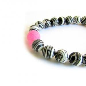 Zebra Beaded Bracelet, Black Striped Bangle, Black..