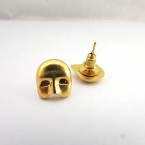 Masquerade Post Earrings, Gold Mask Earrings,..