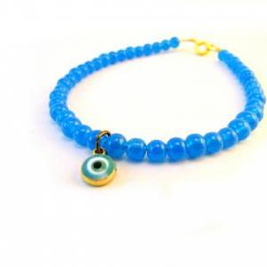 Neon Blue Bracelet, Evil Eye Bracelet, Blue Beaded..