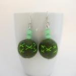 Green Felted Earrings, Embroidered Forest Green..
