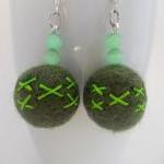 Green Felted Earrings, Embroidered Forest Green..