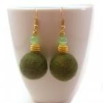 Green Gold Felted Beaded Earrings, Felted Jewelry..