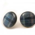 Blue Plaid Button Earrings , Synthetic Button..