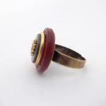 Burgundy Bronze Button Ring, Statement Crest Ring,..