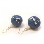 Blue White Felted Earrings, Embroidered Blue Wool..