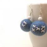 Blue White Felted Earrings, Embroidered Blue Wool..