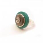 Green Silver Button Ring, Statement Crest Ring,..