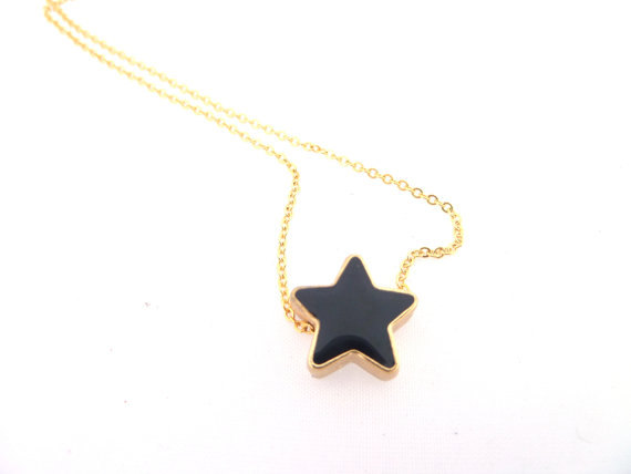 Black Star Necklace, Gold Dainty Necklace, Tiny Star Necklace, Enamel Star Necklace, Double Sided Star Jewelry, Layering Modern Necklace