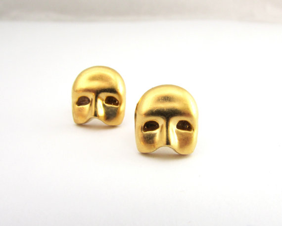 Masquerade Post Earrings, Gold Mask Earrings, Victorian Mask Jewelry, Halloween Jewelry, Gold Post Earrings, Small Mask Earrings Studs