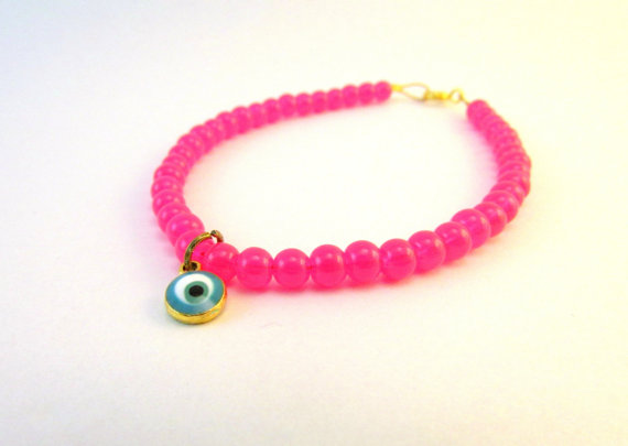 Pink Bracelet, Evil Eye Bracelet, Pink Flambe Bracelet, Eye Charm Bracelet, Dainty Beaded Bracelet, Layering Bracelet,good Luck Jewelry