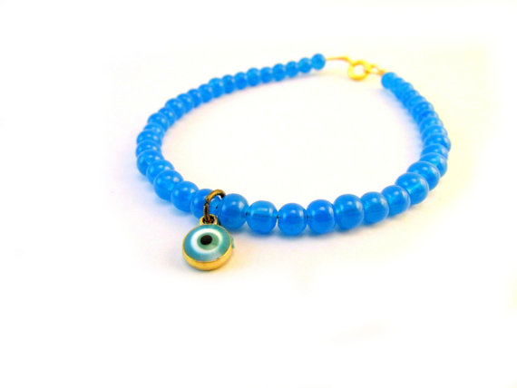 Neon Blue Bracelet, Evil Eye Bracelet, Blue Beaded Bracelet, Dainty Beaded Bracelet, Blue Bridal Jewelry, Something Blue,gold Charm Bracelet