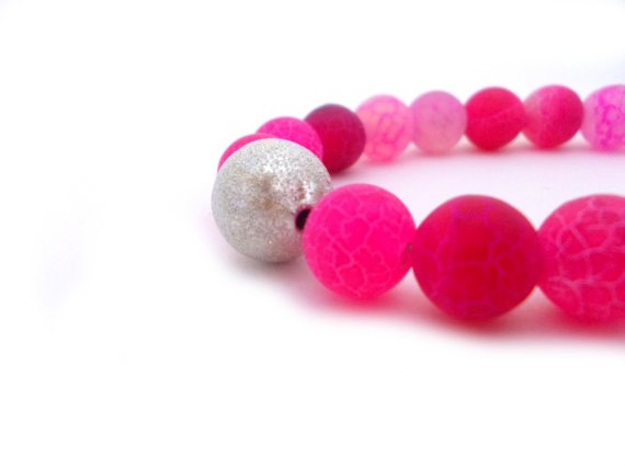 Pink Agate Beaded Bracelet, Frost Dream Fire Dragon Agate Beads And Silver Stardust Bead