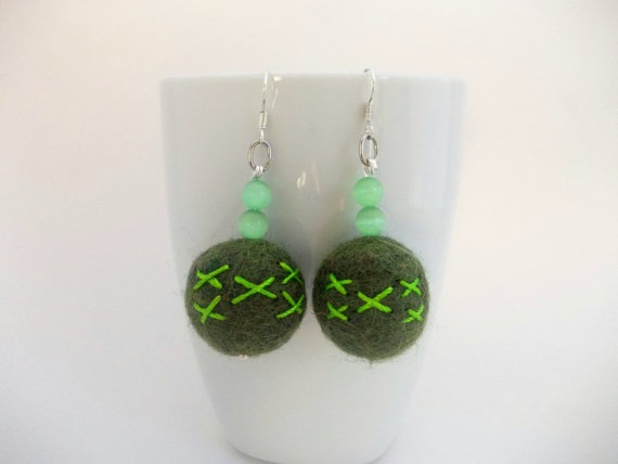 Green Felted Earrings, Embroidered Forest Green Felted Wool Beaded Dangle Earrings, Large Felt Beads