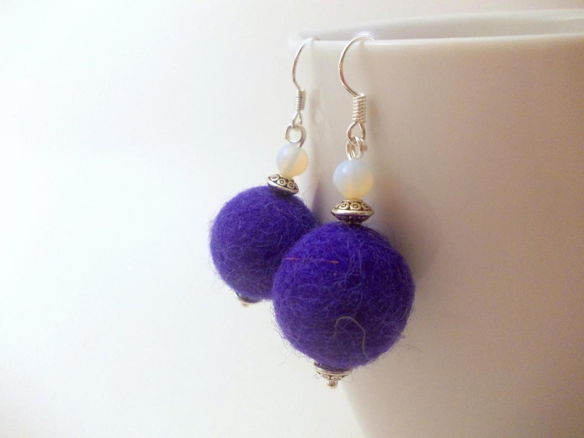 Purple Felted Beaded Earrings, Felted Jewelry , Dangle Earrings, Large