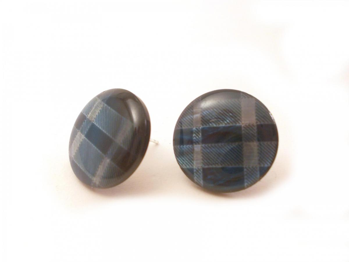 Blue Plaid Button Earrings , Synthetic Button Jewelry, Blue Shades Earrings, Under 10
