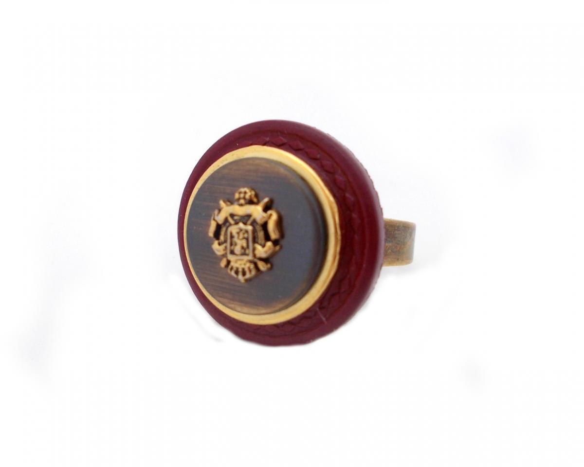 Burgundy Bronze Button Ring, Statement Crest Ring, Rustic Gold Oxblood Adjustable Ring, Vintage Style Ring
