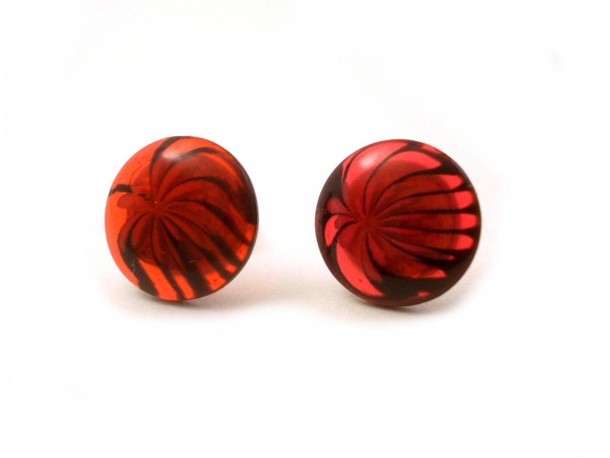 Red Black Button Earrings , Palm Tree Pattern, Synthetic Button Jewelry, Under 10