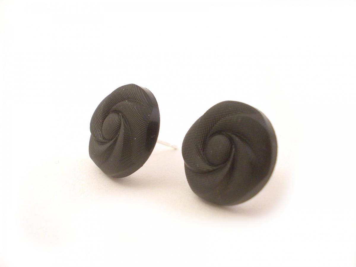 Black Flower Button Earrings, Synthetic Button Jewelry, Under 20, Post Earrings, Swirl Pattern