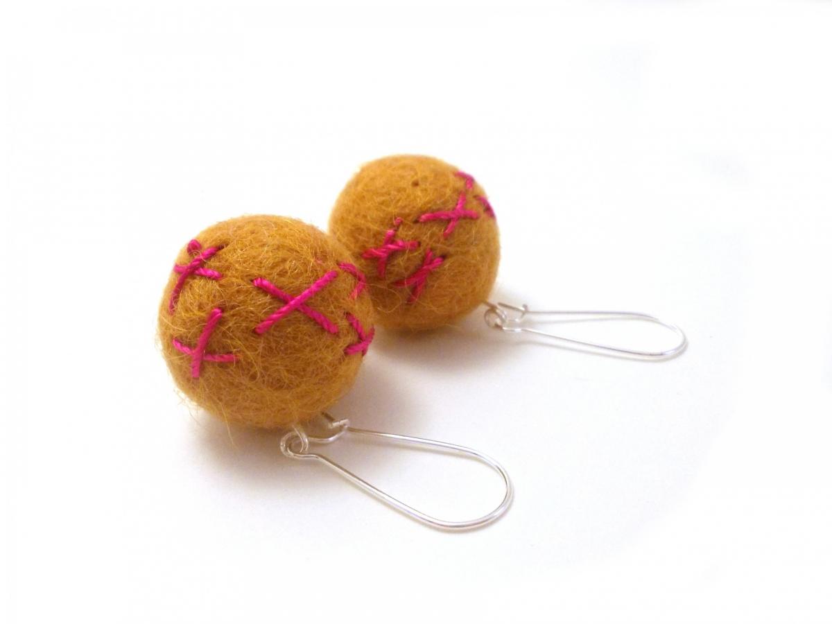 Yellow Felted Earrings, Embroidered Mustard Yellow Felted Wool Beaded Dangle Earrings, Large Felt Beads