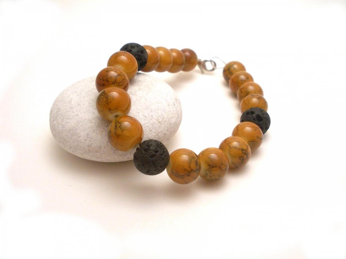 Brown Beaded Bracelet - Sienna/brown Bohemian Round Beads - Semi Precious Stones Black Volcanic Lava And Sienna Coated Beads