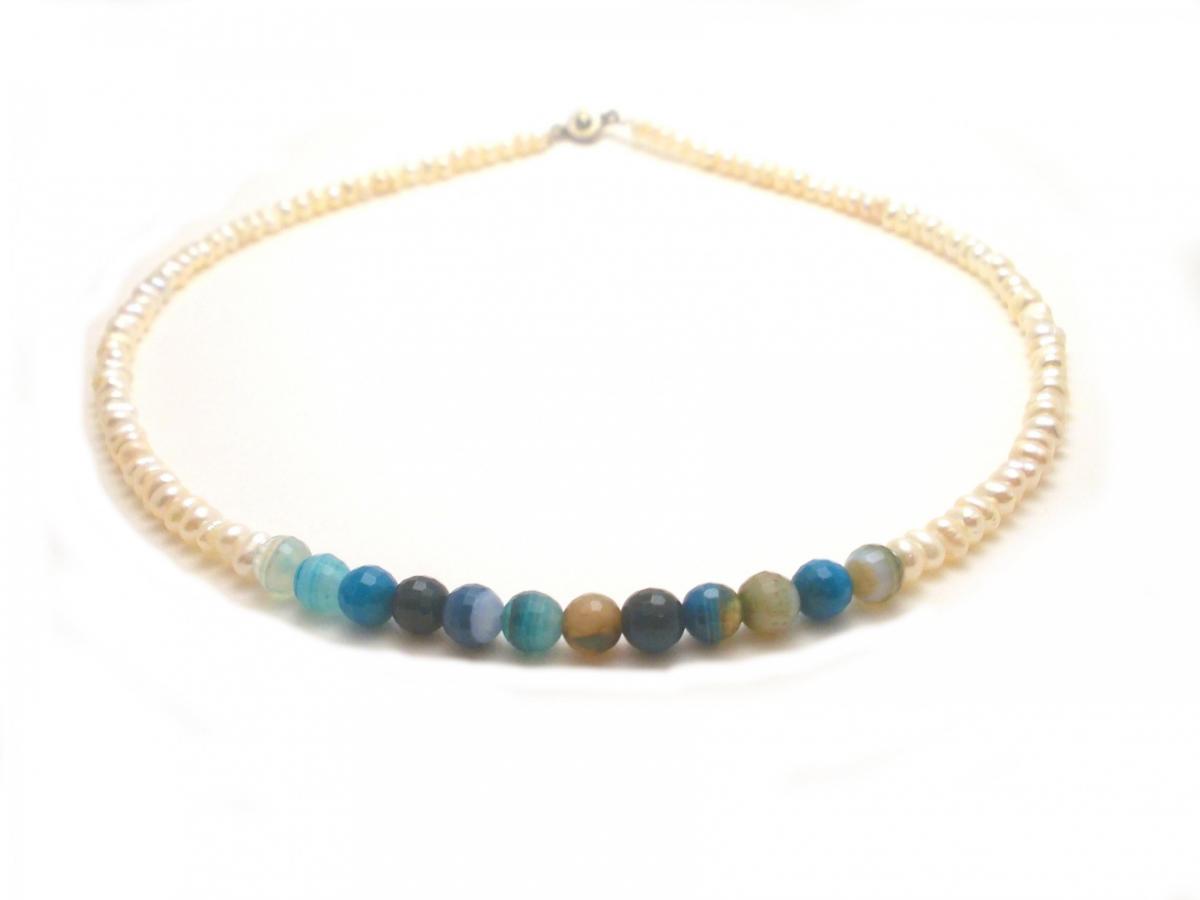 Delicate White Multi-hue Blue Agate Beads And Pearls Necklace,semi Precious Stones Freeform Natural Freshwater Pearls,faceted Agate