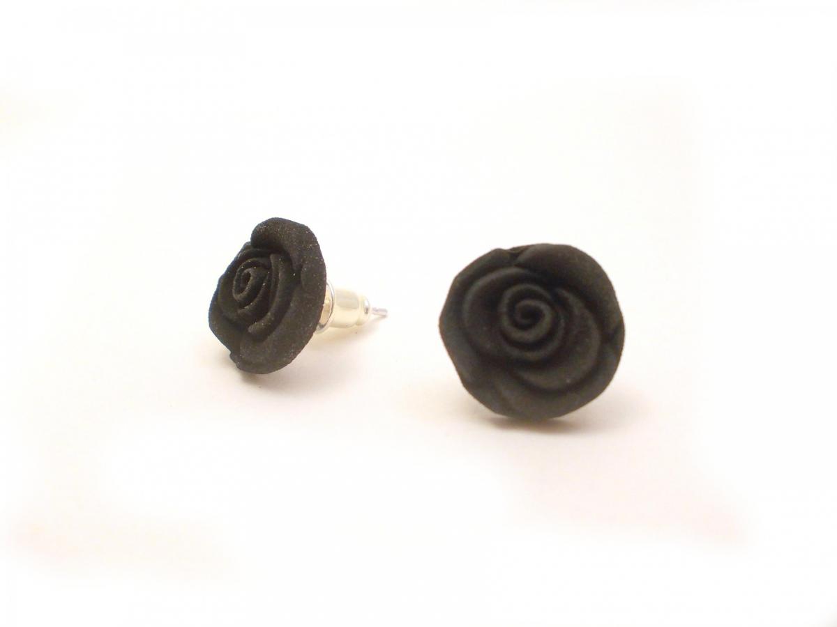Black Rose Earrings, Post Earrings, Synthetic Button Jewelry, Under 25