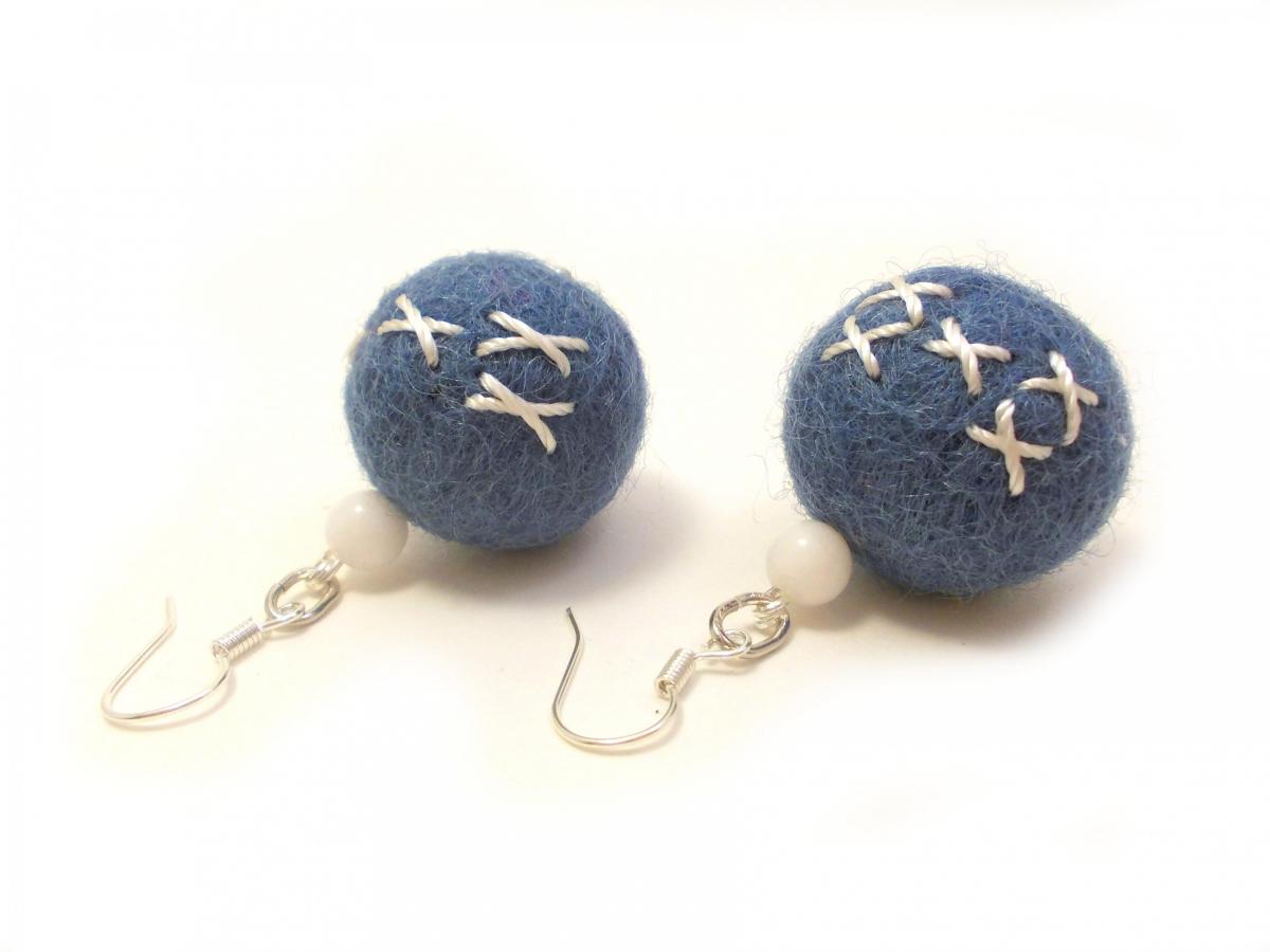 Blue White Felted Earrings, Embroidered Blue Wool Beaded Dangle Earrings, Nautical Fashion,large Felt Beads