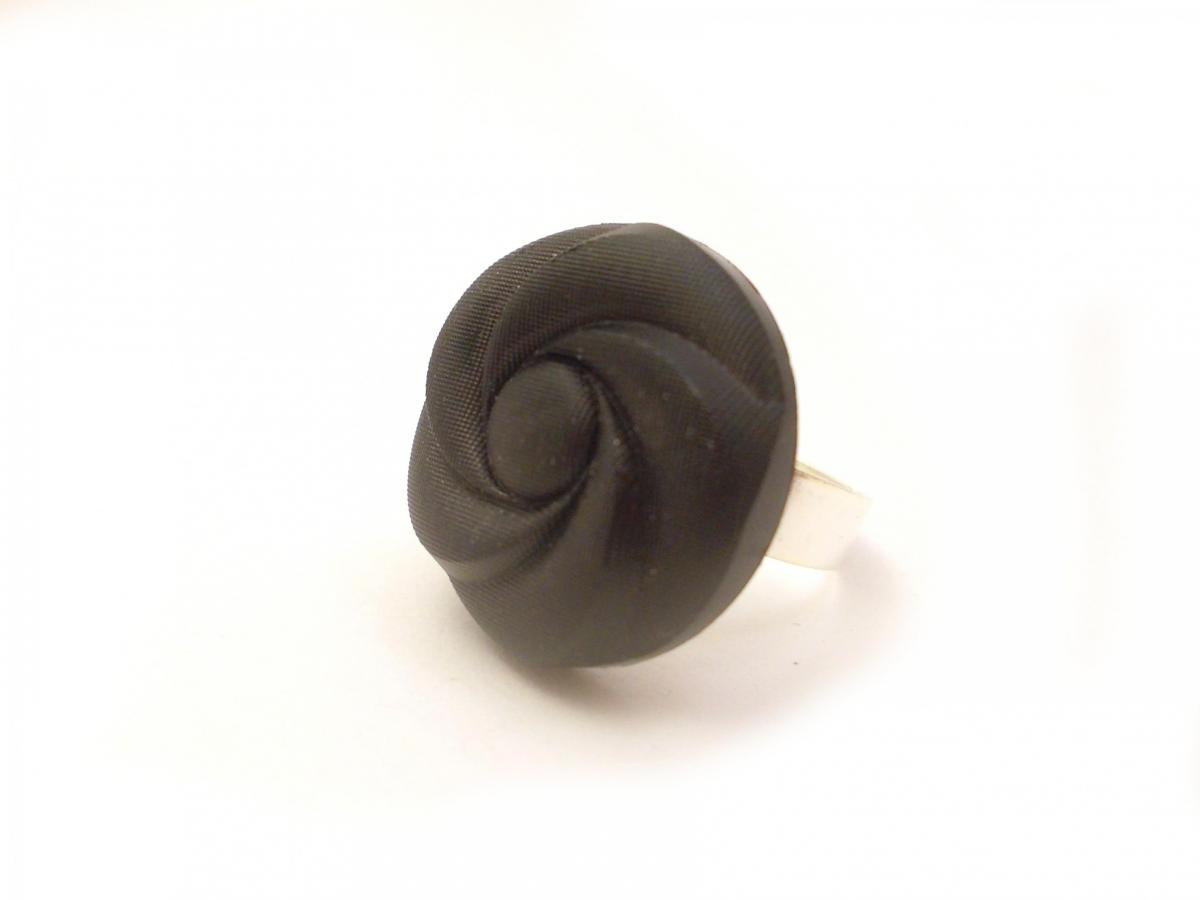 Black Flower Button Ring , Button Jewelry, Large Synthetic Button, Silver Adjustable Ring,under 20