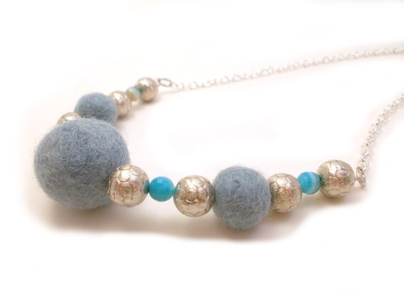 Blue Silver Beaded Chain Necklace, Felted Jewelry, Light Blue Wool Felted Chunky Necklace,semi Precious Stones Agate Beads
