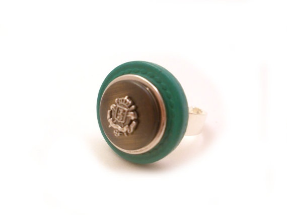 Green Silver Button Ring, Statement Crest Ring, Rustic Silver Teal Green Adjustable Ring, Vintage Style Ring