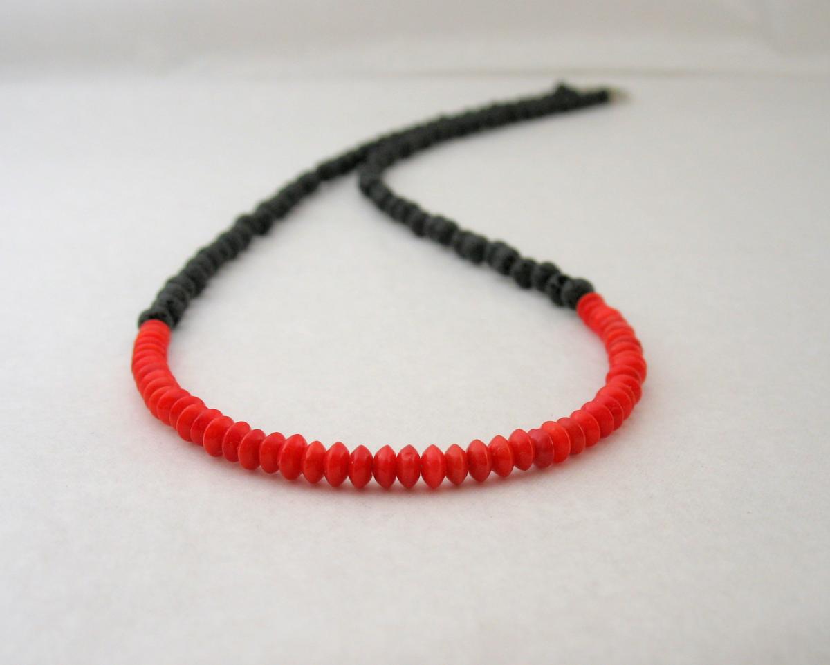 Passion Beaded Necklace, Black Red Necklace, Semi Precious Stones Volcanic Lava And Coral Beads