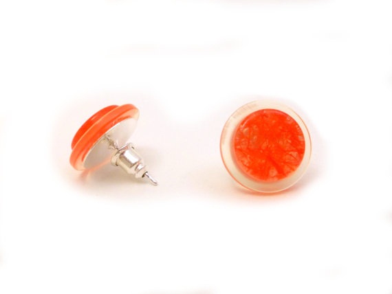 Neon Orange Button Earrings , Synthetic Button Jewelry, Honey Orange Earrings, Under 20
