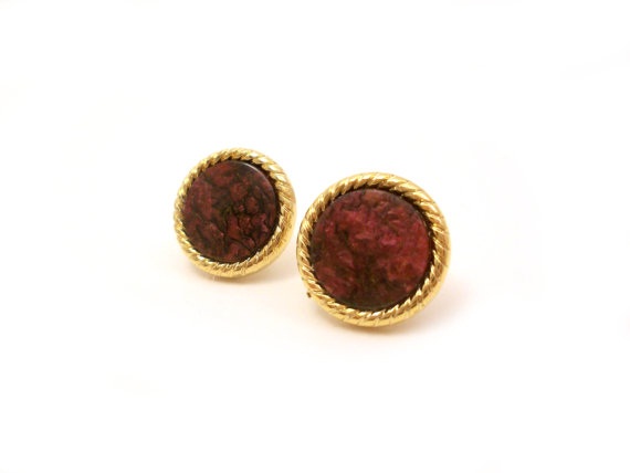 Burgundy Gold Earrings, Post Earrings, Vintage Button Jewelry, Synthetic Button, Under 20