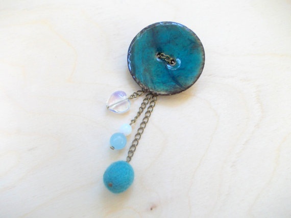 Blue Heart Brooch, Sky Blue Wood Button Brooch, Chain Felted Brooch, Semi Precious Stones Jade And Opal Moonstone, Under 20 25 50