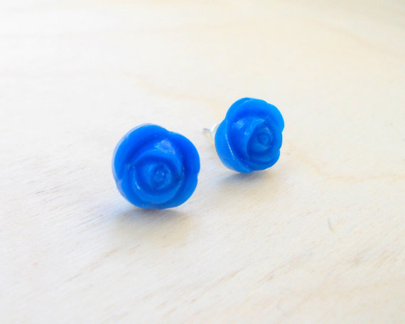 Rose Earring Studs, Blue Rose Post Earrings, Tiny Floral Stud Earrings, Button Jewelry, Under 20