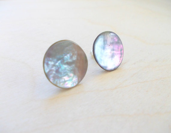 Silver Grey Earring Studs , Mother Of Pearl Earring Posts , Button Earring Posts, Under 20