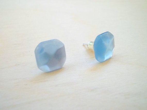 Blue Earring Posts , Light Blue Tiny Cube Earrings Studs , Geometry Fashion, Everyday Jewelry, Under 15 20 25