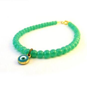 Grass Green Bracelet, Evil Eye Bracelet, Green Bead Bracelet, Dainty Bead Bracelet, Fresh Green Jewelry, Gold Charm Bracelet, Stack Bracelet