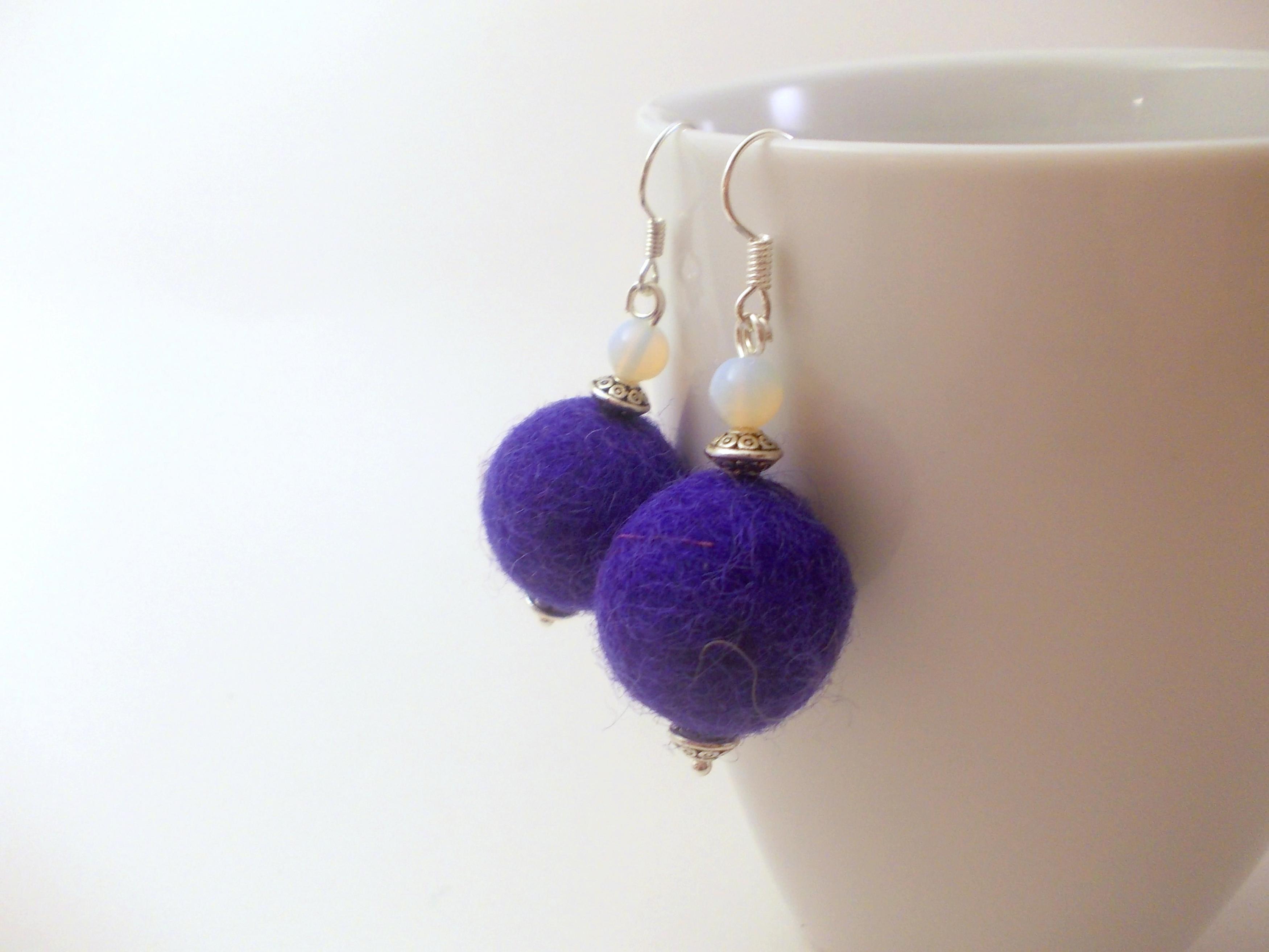 Purple Felted Beaded Earrings Felted Jewelry Dangle Earrings Large Felt Beads Opal Moonstone 1238