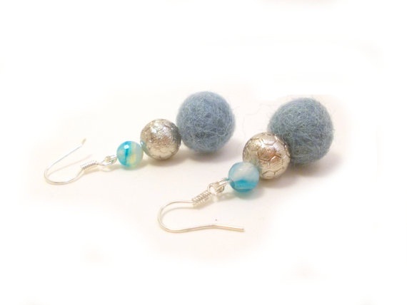 Blue Silver Felted Beaded Earrings, Wool Beaded Dangle Earrings, Semi ...